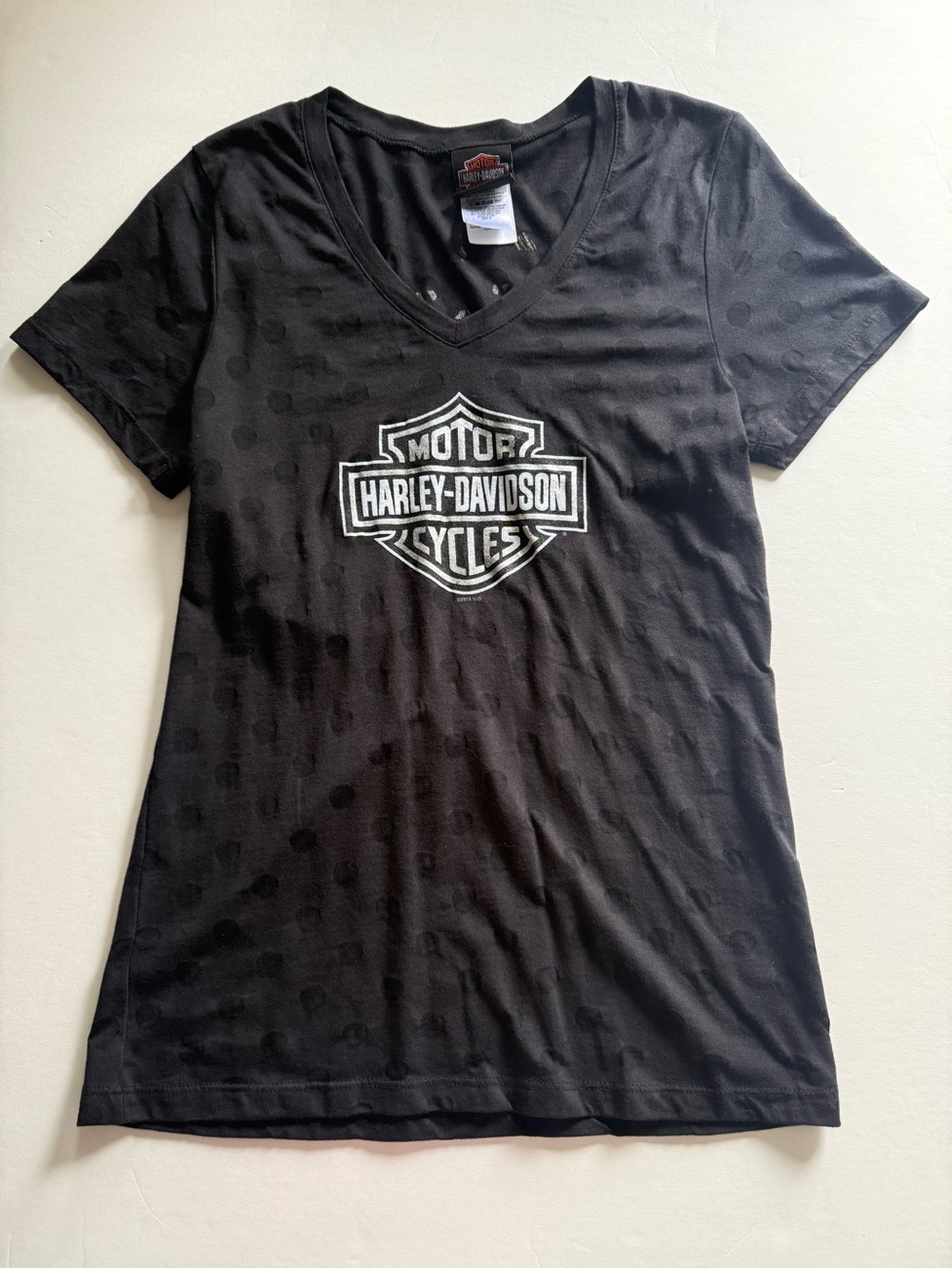 Harley-Davidson Black V-Neck Tee with Mesh Polka Dots